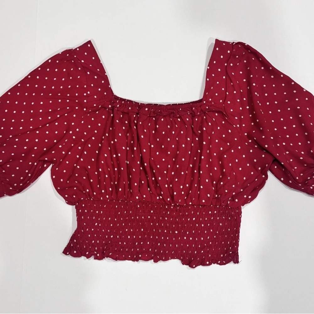 Red Crop Top With White Polka Dots, Puff Sleeves,‎ Ruched Waist, Square Neck. L